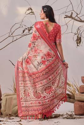 Peach printed linen cotton saree with floral design & patola border – elegant daily wear saree with matching blouse 4