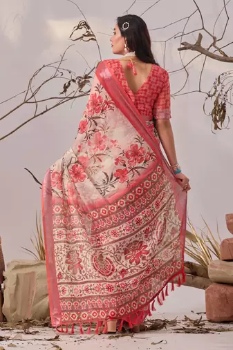 Peach printed linen cotton saree with floral design & patola border – elegant daily wear saree with matching blouse