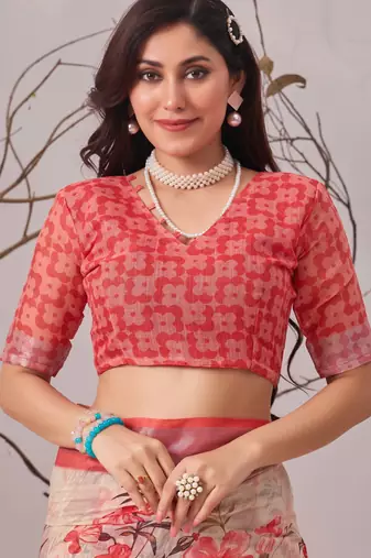 Peach printed linen cotton saree with floral design & patola border – elegant daily wear saree with matching blouse