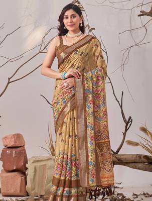 Beige linen cotton digital print floral saree with matching printed blouse – designer printed sarees collection 1