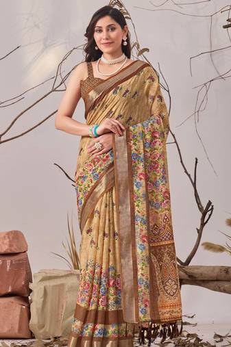 Beige linen cotton digital print floral saree with matching printed blouse – designer printed sarees collection