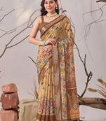 Beige linen cotton digital print floral saree with matching printed blouse – designer printed sarees collection