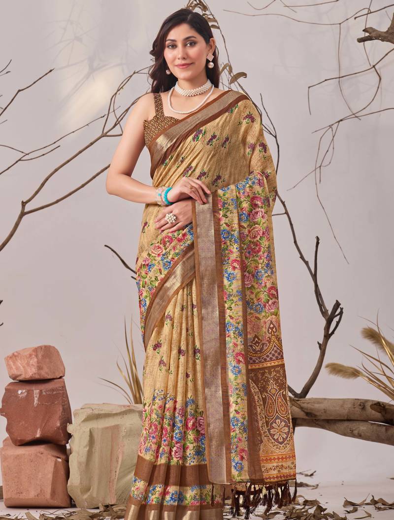 Beige linen cotton digital print floral saree with matching printed blouse – designer printed sarees collection