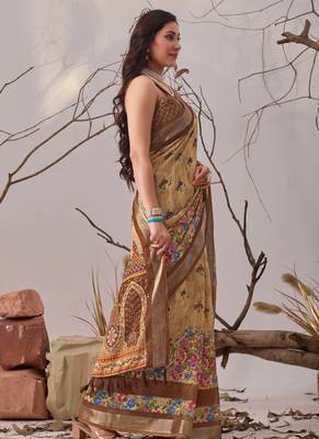 Beige linen cotton digital print floral saree with matching printed blouse – designer printed sarees collection 2