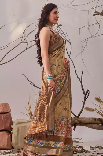Beige linen cotton digital print floral saree with matching printed blouse – designer printed sarees collection