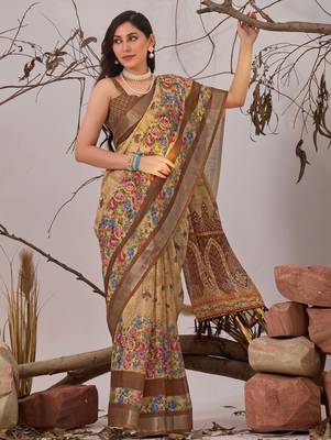 Beige linen cotton digital print floral saree with matching printed blouse – designer printed sarees collection 3