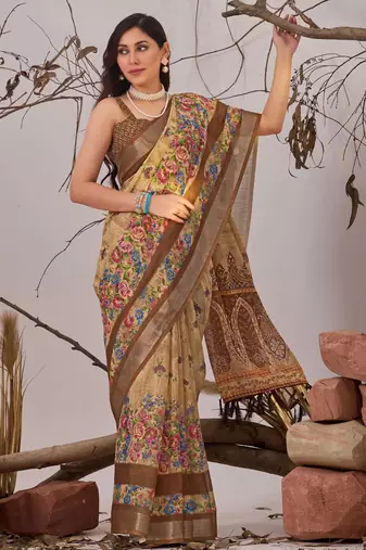 Beige linen cotton digital print floral saree with matching printed blouse – designer printed sarees collection