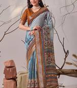 Blue digital printed linen cotton floral saree with blouse – designer festive wear