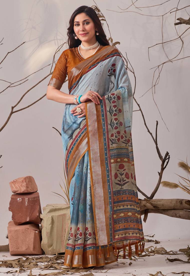 Blue digital printed linen cotton floral saree with blouse – designer festive wear