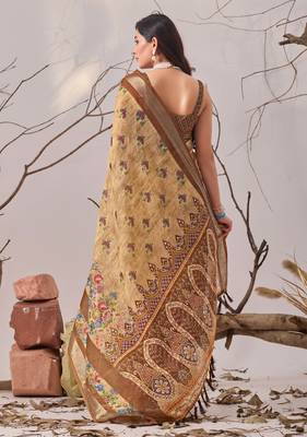 Beige linen cotton digital print floral saree with matching printed blouse – designer printed sarees collection 4