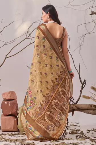 Beige linen cotton digital print floral saree with matching printed blouse – designer printed sarees collection
