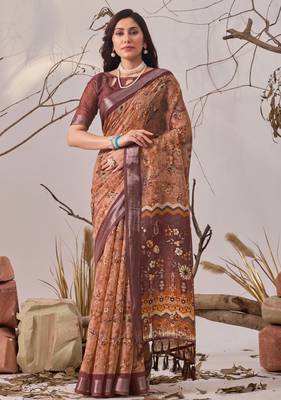 Bronze elegant digital printed linen cotton floral saree with designer pallu – party wear saree with blouse 1