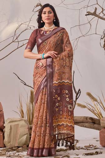 Bronze elegant digital printed linen cotton floral saree with designer pallu – party wear saree with blouse