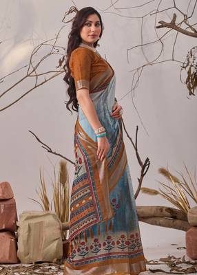Blue digital printed linen cotton floral saree with blouse – designer festive wear 2