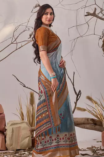 Blue digital printed linen cotton floral saree with blouse – designer festive wear
