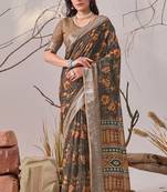 Slate grey linen cotton saree with digital floral print & contrast pallu | traditional printed saree with blouse
