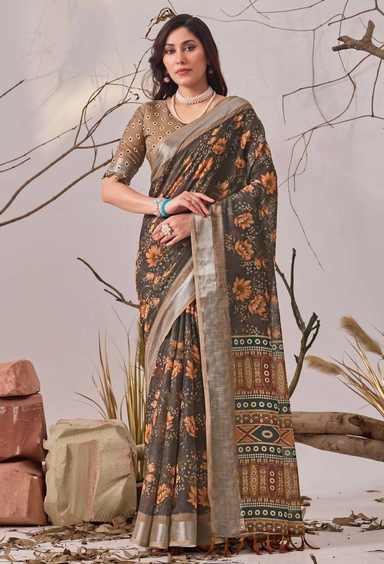 Slate grey linen cotton saree with digital floral print & contrast pallu | traditional printed saree with blouse