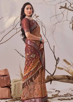 Bronze elegant digital printed linen cotton floral saree with designer pallu – party wear saree with blouse 2