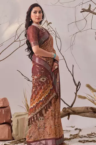 Bronze elegant digital printed linen cotton floral saree with designer pallu – party wear saree with blouse