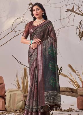 Dark brown linen cotton digital patola printed saree with designer pallu & matching blouse piece 1