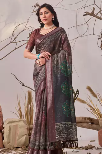 Dark brown linen cotton digital patola printed saree with designer pallu & matching blouse piece