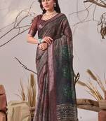 Dark brown linen cotton digital patola printed saree with designer pallu & matching blouse piece