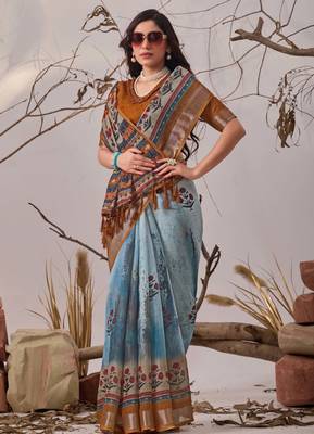 Blue digital printed linen cotton floral saree with blouse – designer festive wear 3