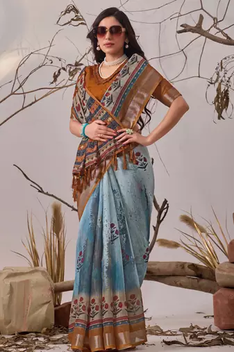 Blue digital printed linen cotton floral saree with blouse – designer festive wear
