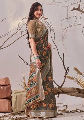 Slate grey linen cotton saree with digital floral print & contrast pallu | traditional printed saree with blouse 2