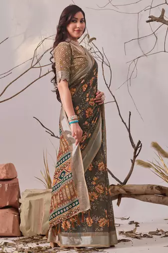 Slate grey linen cotton saree with digital floral print & contrast pallu | traditional printed saree with blouse