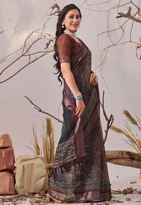 Dark brown linen cotton digital patola printed saree with designer pallu & matching blouse piece 2