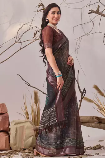 Dark brown linen cotton digital patola printed saree with designer pallu & matching blouse piece