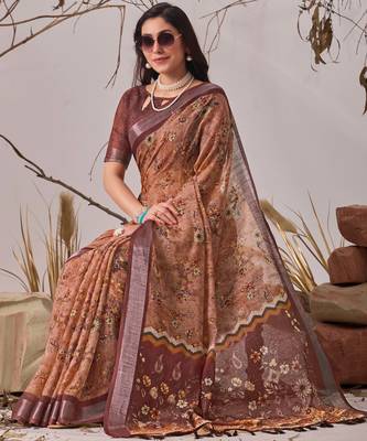 Bronze elegant digital printed linen cotton floral saree with designer pallu – party wear saree with blouse 3