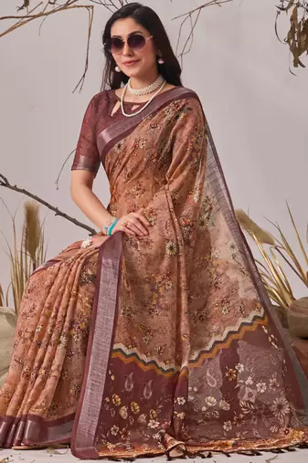 Bronze elegant digital printed linen cotton floral saree with designer pallu – party wear saree with blouse