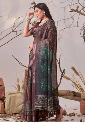 Dark brown linen cotton digital patola printed saree with designer pallu & matching blouse piece 3