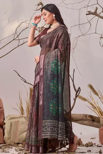 Dark brown linen cotton digital patola printed saree with designer pallu & matching blouse piece