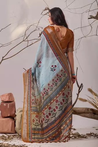 Blue digital printed linen cotton floral saree with blouse – designer festive wear
