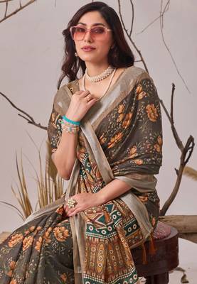Slate grey linen cotton saree with digital floral print & contrast pallu | traditional printed saree with blouse 3