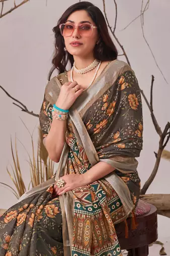Slate grey linen cotton saree with digital floral print & contrast pallu | traditional printed saree with blouse