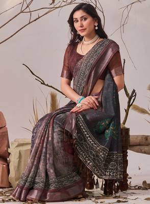 Dark brown linen cotton digital patola printed saree with designer pallu & matching blouse piece 4