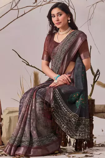 Dark brown linen cotton digital patola printed saree with designer pallu & matching blouse piece