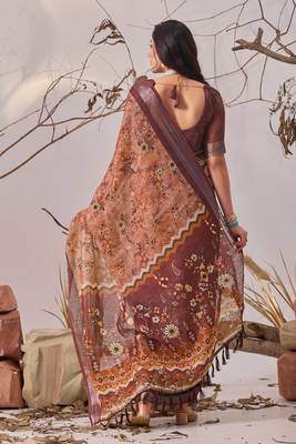Bronze elegant digital printed linen cotton floral saree with designer pallu – party wear saree with blouse 4
