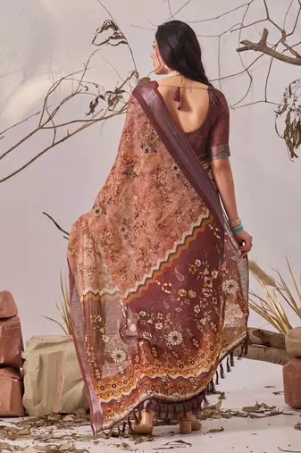 Bronze elegant digital printed linen cotton floral saree with designer pallu – party wear saree with blouse