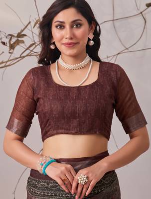 Dark brown linen cotton digital patola printed saree with designer pallu & matching blouse piece 5