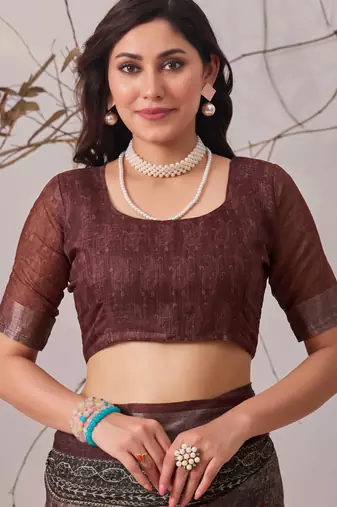 Dark brown linen cotton digital patola printed saree with designer pallu & matching blouse piece
