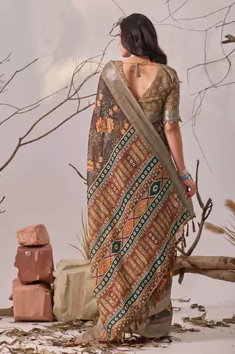 Slate grey linen cotton saree with digital floral print & contrast pallu | traditional printed saree with blouse