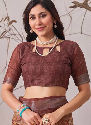 Bronze elegant digital printed linen cotton floral saree with designer pallu – party wear saree with blouse 5