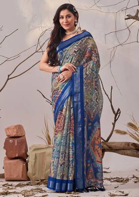 Navy blue linen cotton digital patola print saree with matching blouse 1