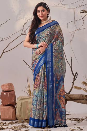 Navy blue linen cotton digital patola print saree with matching blouse