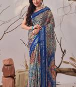 Navy blue linen cotton digital patola print saree with matching blouse